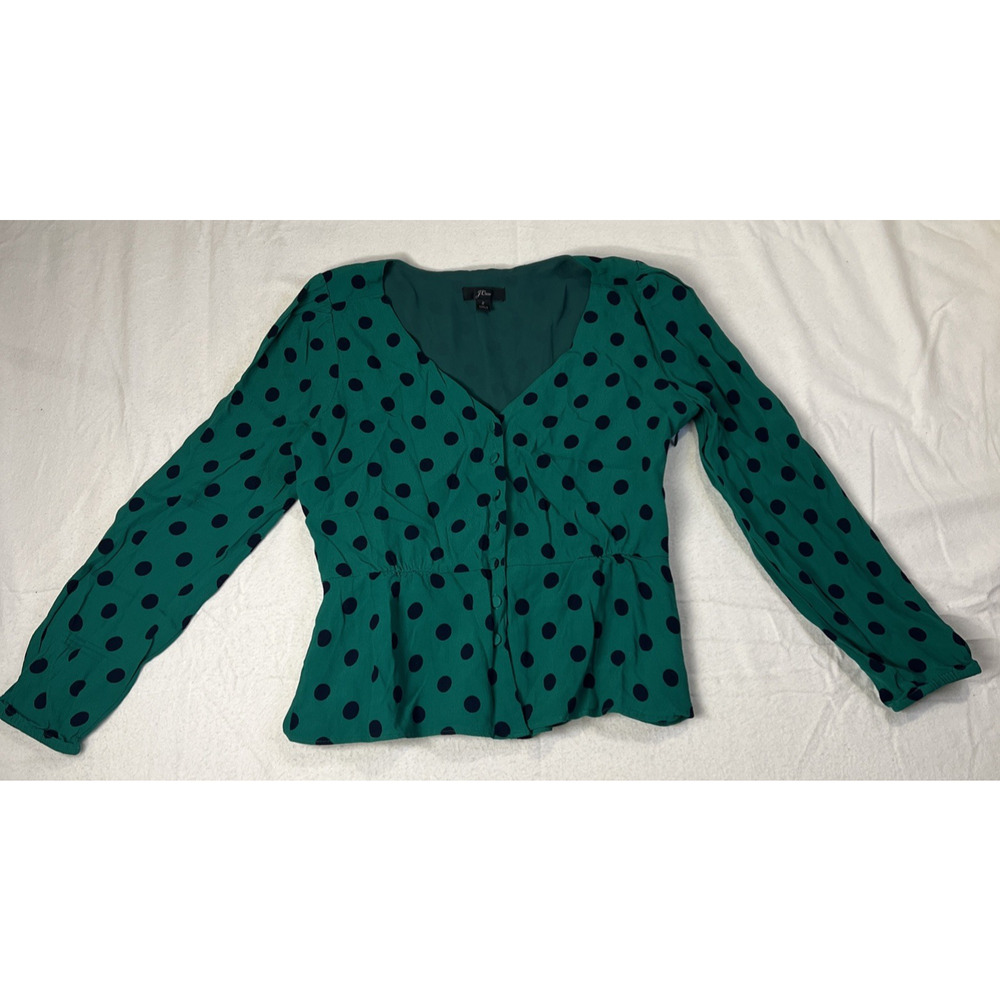 J.CREW WOMEN'S GREEN NAVY CRAPE POLKA DOT LONG SLEEVE CHIFFON PEPLUM TOP Sz 2